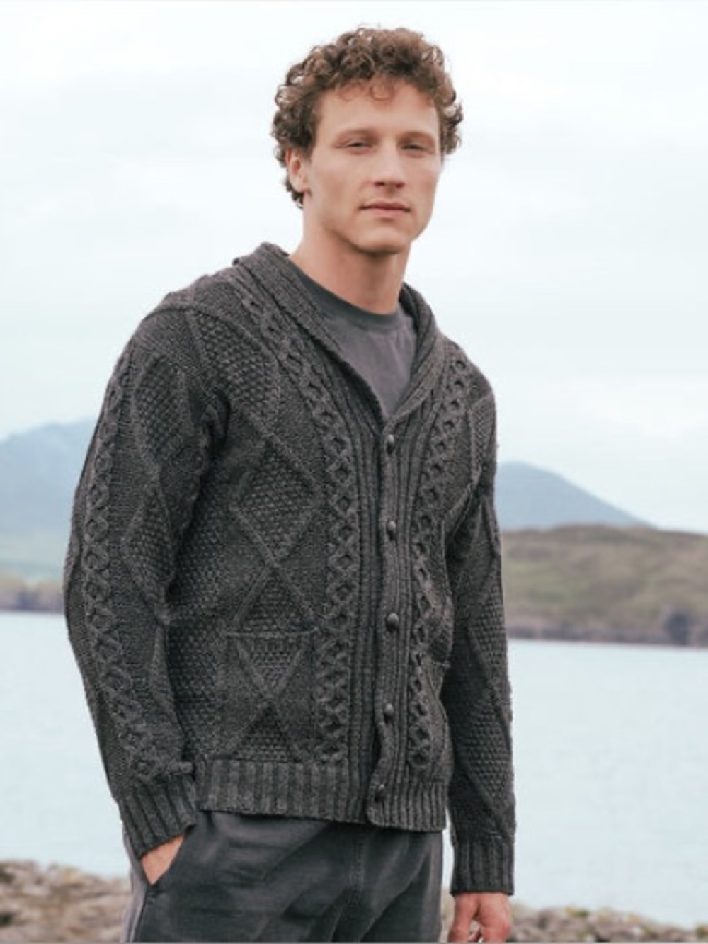 INIS Crafts 100% Merino Wool Chunky knit Cardigan XL Gray Heritage Shawl Collar